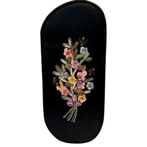 Black Satin Beaded Eyeglass Case Floral Sequin Embroidered Slip in Style